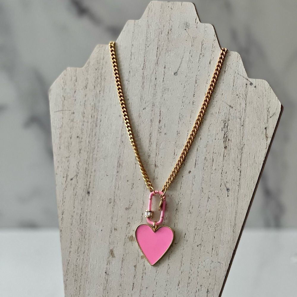 Pink Heart Pendant with Carabiner and Gold Chain